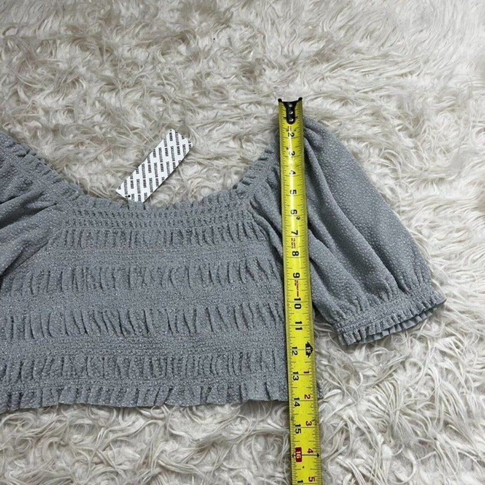 Urban Outfitters Lrg Shay Puff Sleeve Ruched Cinched Crop Top Grey Glitter NWT - Picture 6 of 12